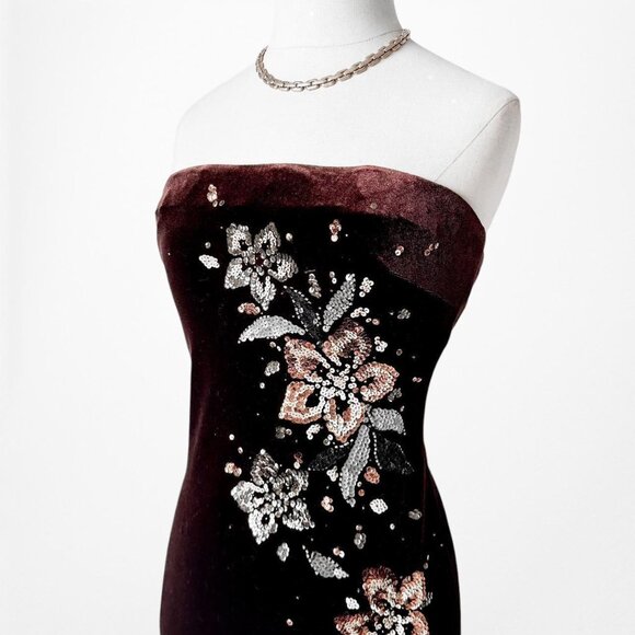 Vintage Brown Velvet Strapless Floral Beaded Sequin Maxi Bodycon Prom Dress M/L - Picture 6 of 7